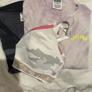 PINK Victoria's Secret 2 long sleeve tees & Sport Bra .  3 Piece Bundle EUC